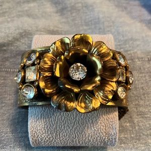 Floral Embossed Brass? Crystal Stones hinged Cuff w. Safety chain 1930’s-1940’s?